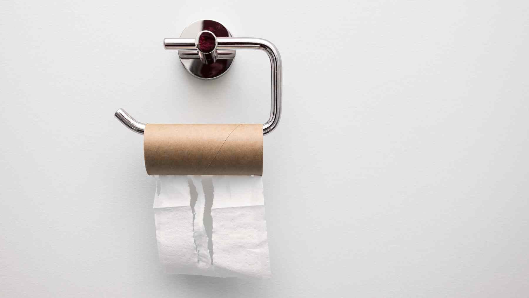 Empty toilet paper roll on a bathroom wall, symbolizing the 2026 shift toward smart toilets and bidets