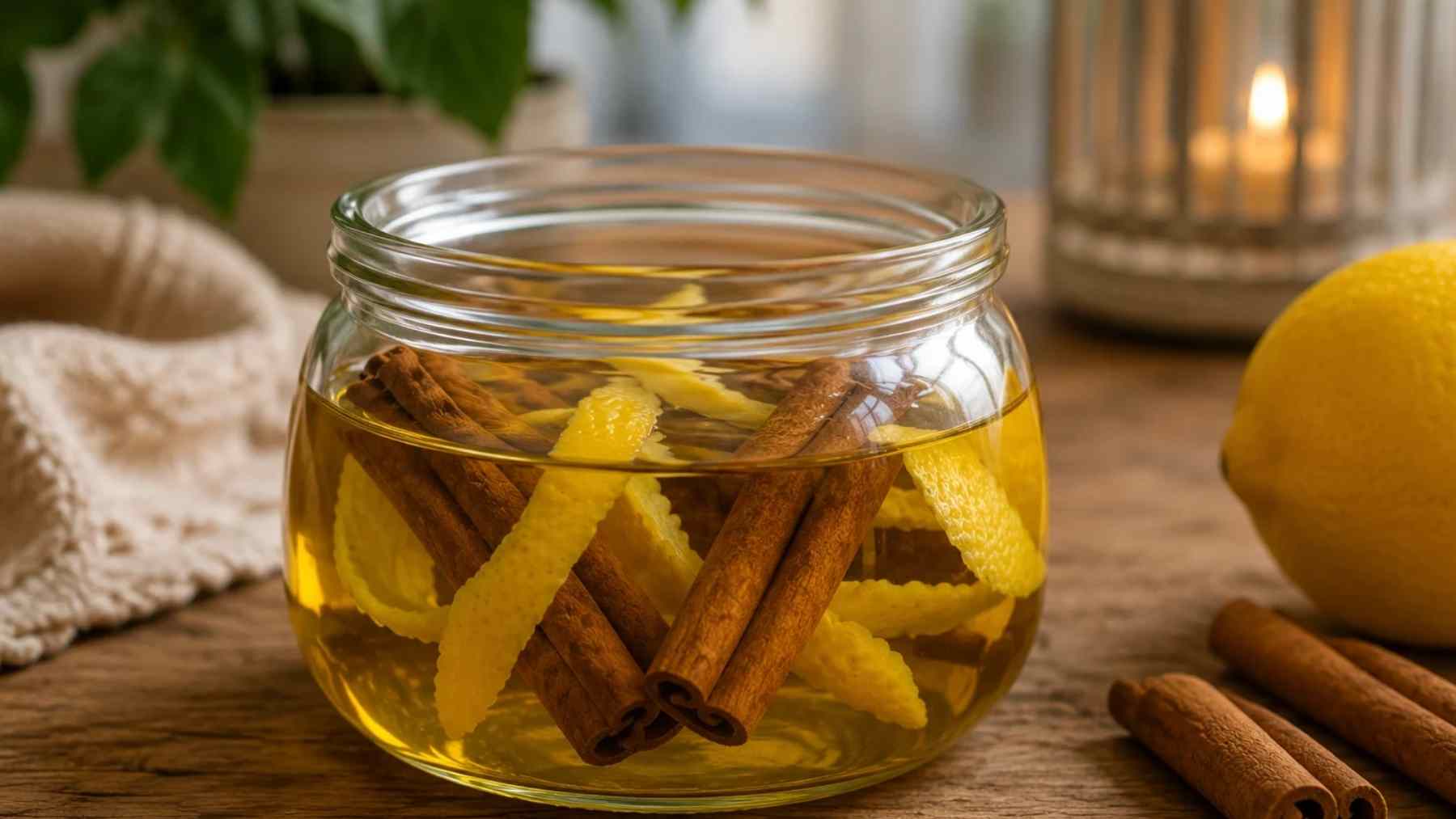 Glass jar with olive oil, lemon peel, and cinnamon sticks used as a natural homemade air freshener