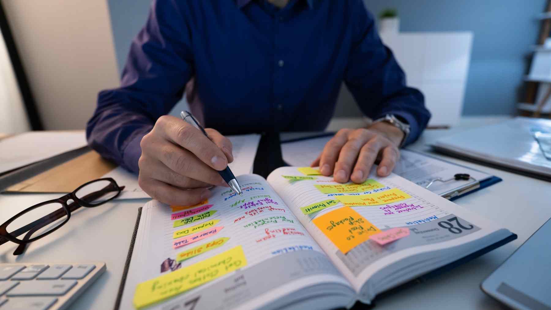 Person writing in a paper planner to organize appointments and support memory
