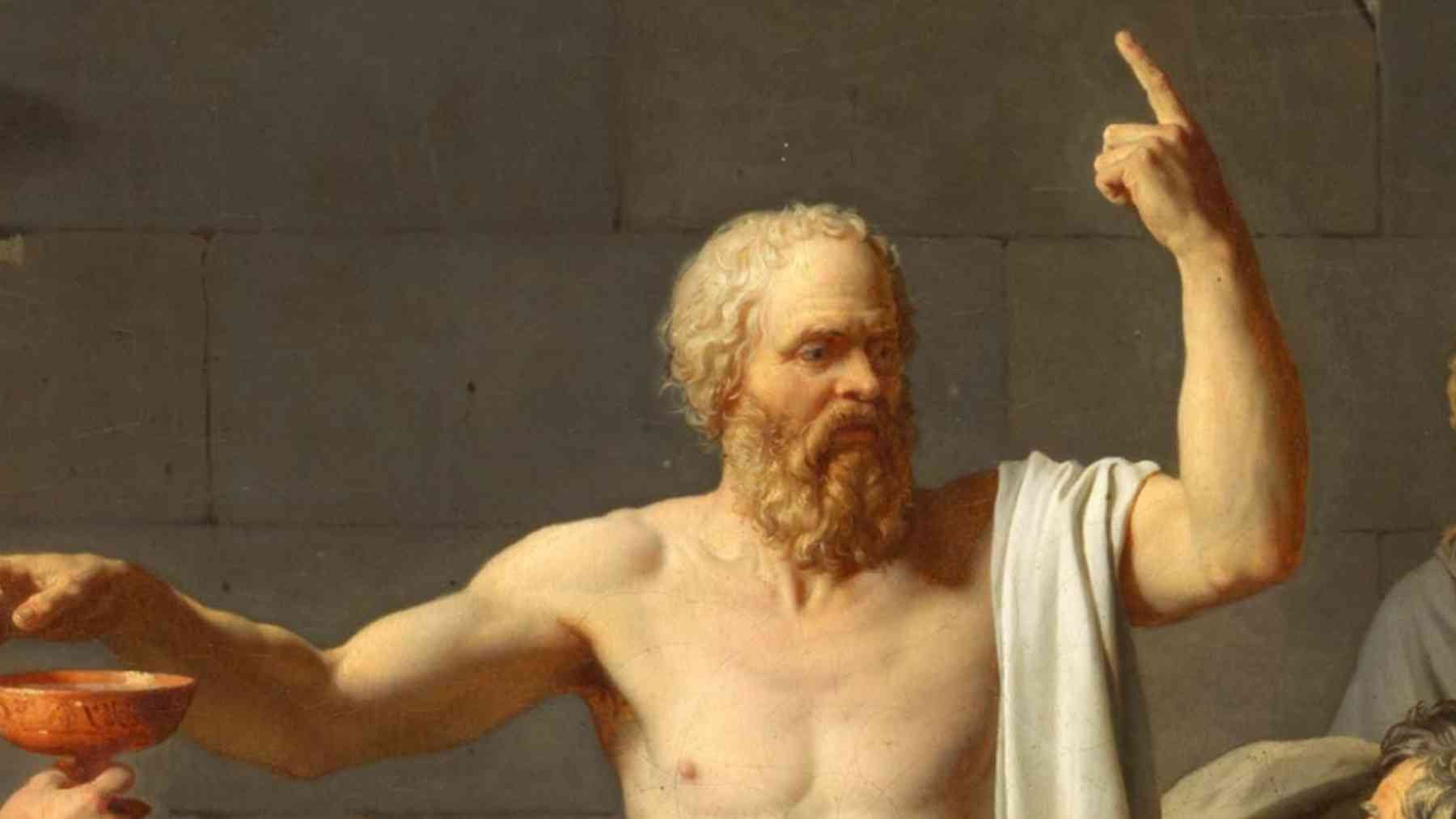 Classical painting of Socrates raising his hand, used to illustrate his famous marriage quote about happiness and philosophy.