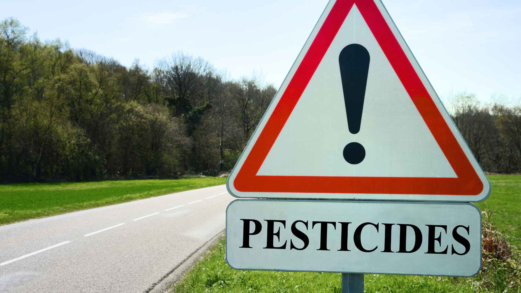 Warning sign about pesticide residues near a road, illustrating concerns over grapes, strawberries, and oranges sold in supermarkets