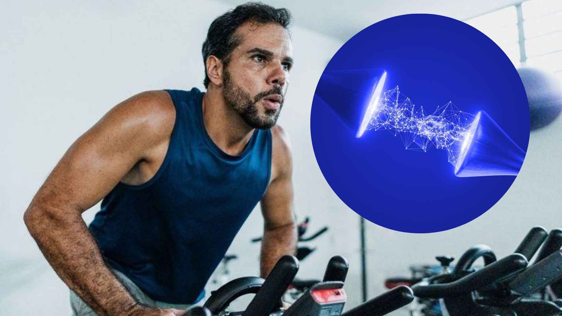 Adult exercising on a stationary bicycle during a fitness session, illustrating research on BDNF, brain health, and cognitive benefits of exercise.