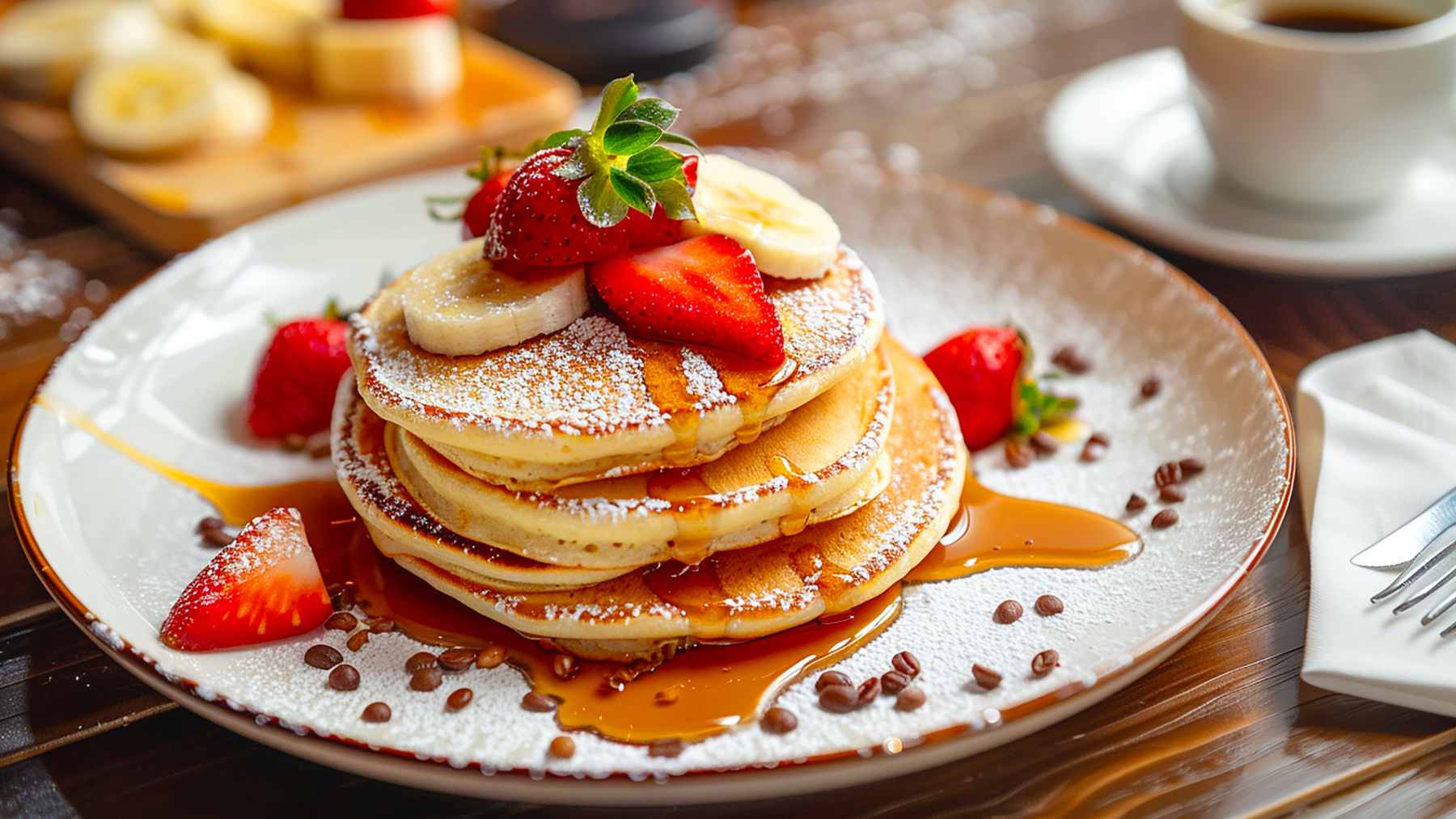 A stack of healthy protein pancakes topped with fresh blueberries and banana slices on a white ceramic plate.