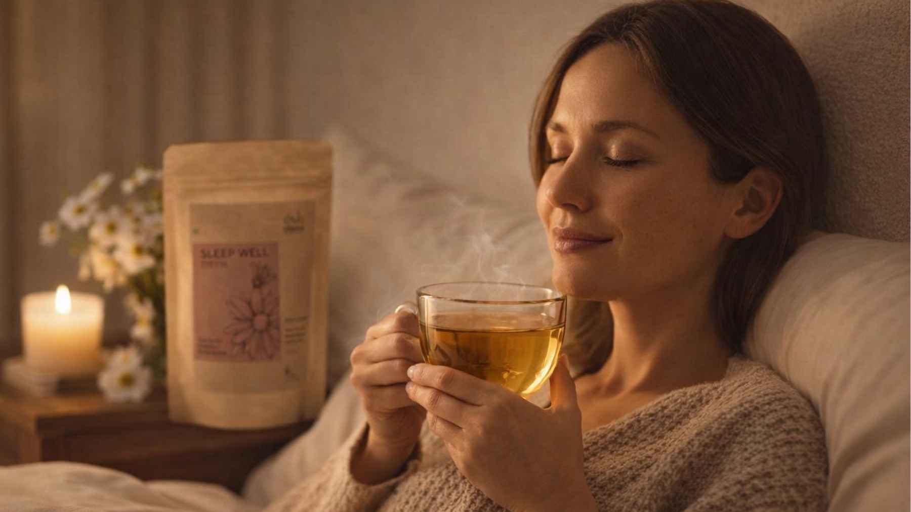 Chamomile tea, green tea, golden milk, and a low-sugar protein shake displayed as nighttime drink options that may support blood sugar management.