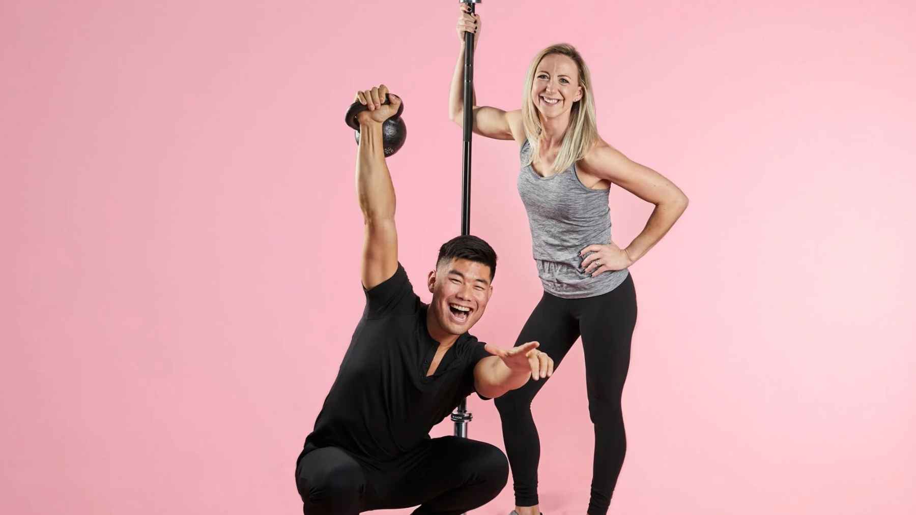 Fitness trainers demonstrate lower-body strength exercises designed to improve leg power, balance, mobility, and stability.