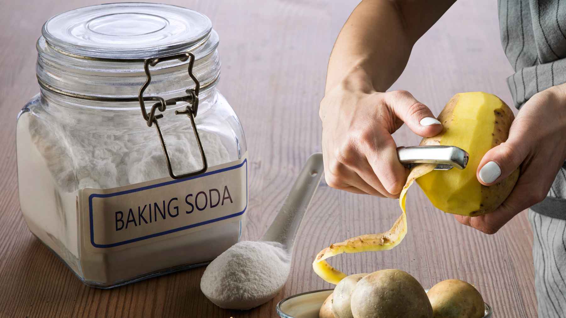 Potato peels and baking soda used to remove light rust from a metal pan in a kitchen cleaning method