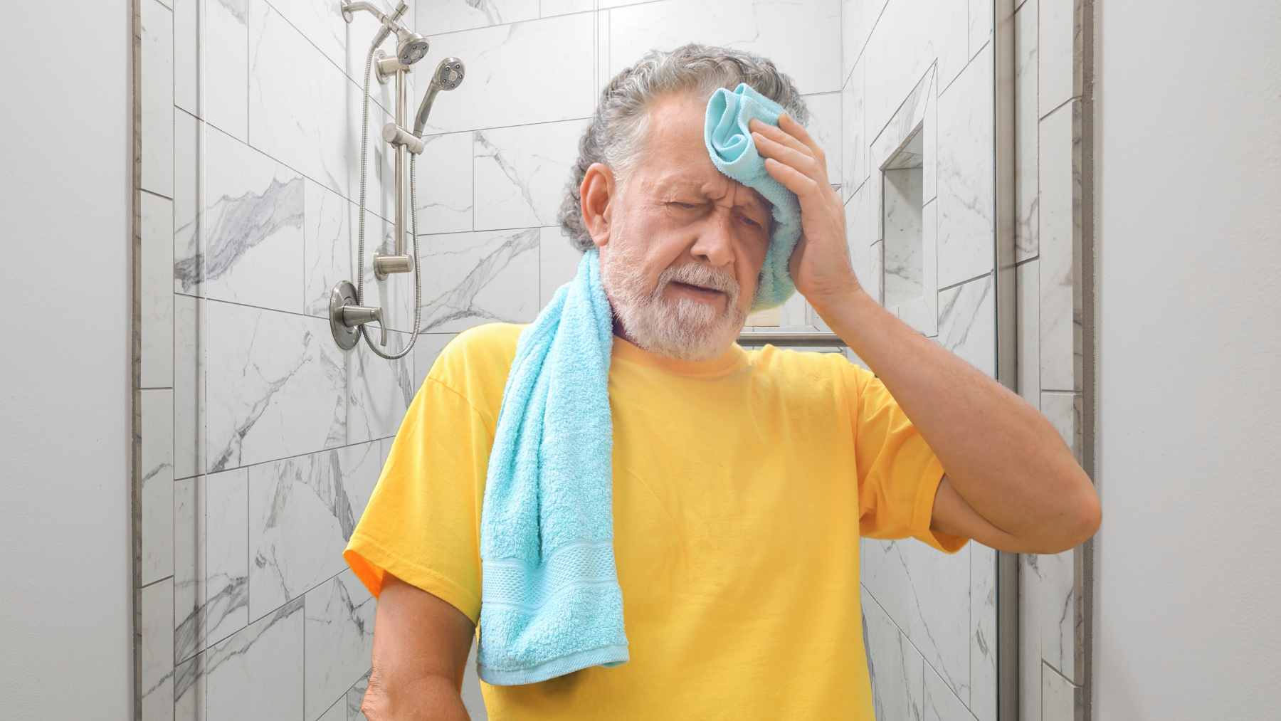 An older adult using safety grab bars in a bright, modern, and accessible walk-in shower.