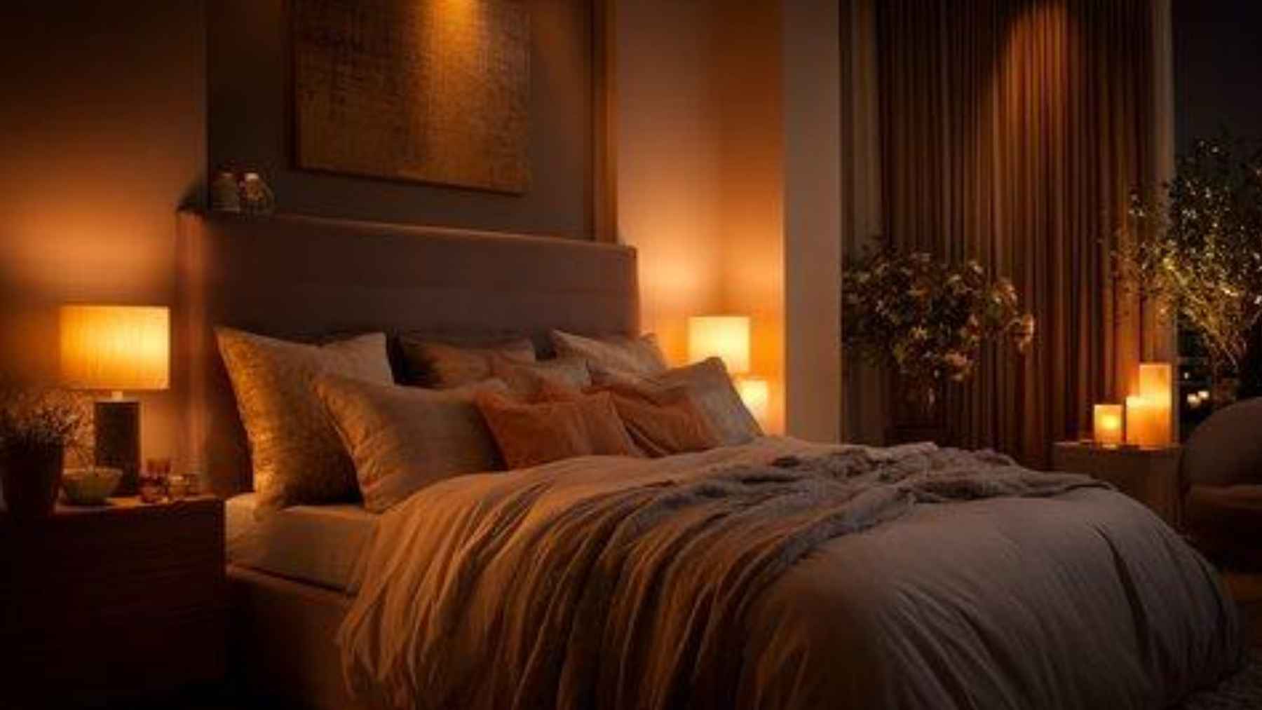 A modern bedroom prepared for sleep with dim lighting, comfortable bedding, and a relaxing environment designed to promote better rest.