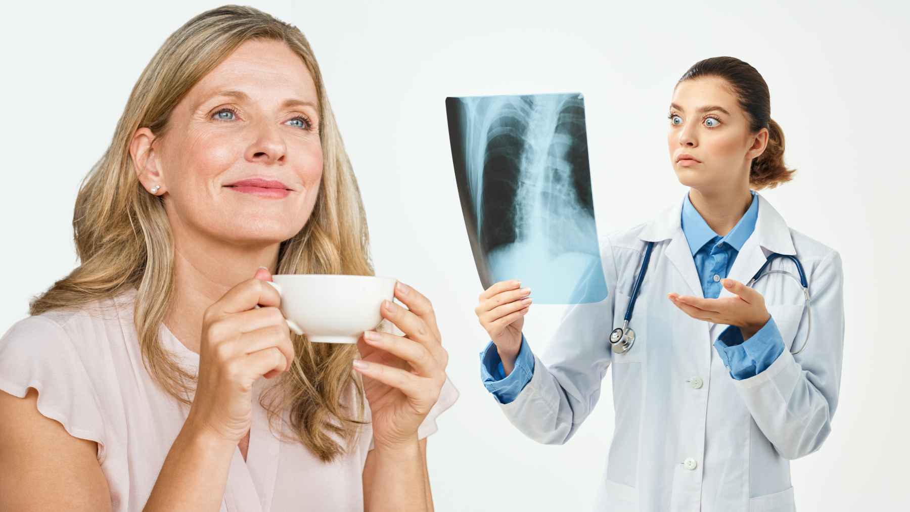Cup of tea and cup of coffee representing research on bone density, osteoporosis risk, and healthy aging in older women
