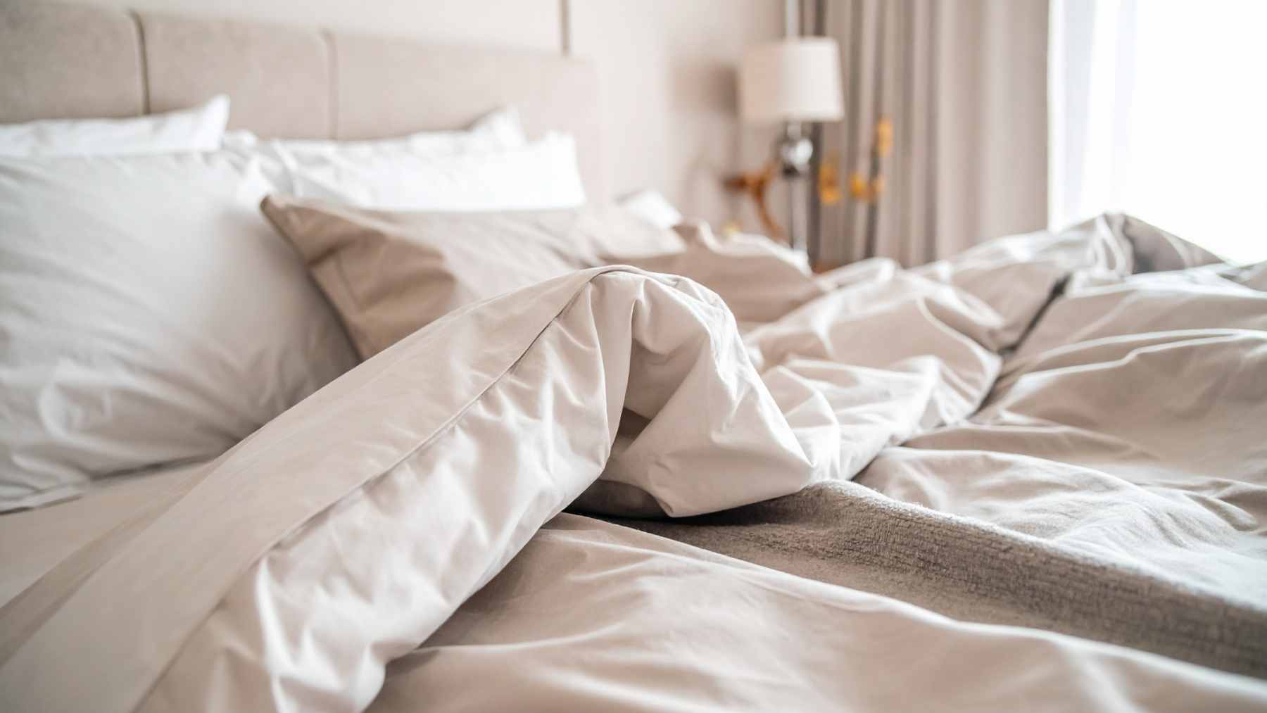 A messy, unmade bed in a morning bedroom setting, suggesting a relaxed or spontaneous morning routine.