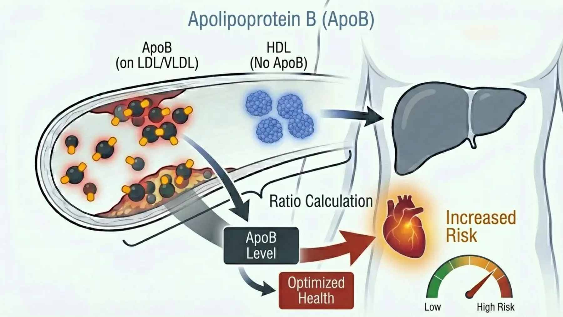 Your cholesterol number may not be the whole story: a test called ApoB could predict your heart attack risk far more precisely 2 A medical blood test vial and a digital health readout representing the measurement of apolipoprotein B (apoB) compared to standard LDL cholesterol for heart disease risk.