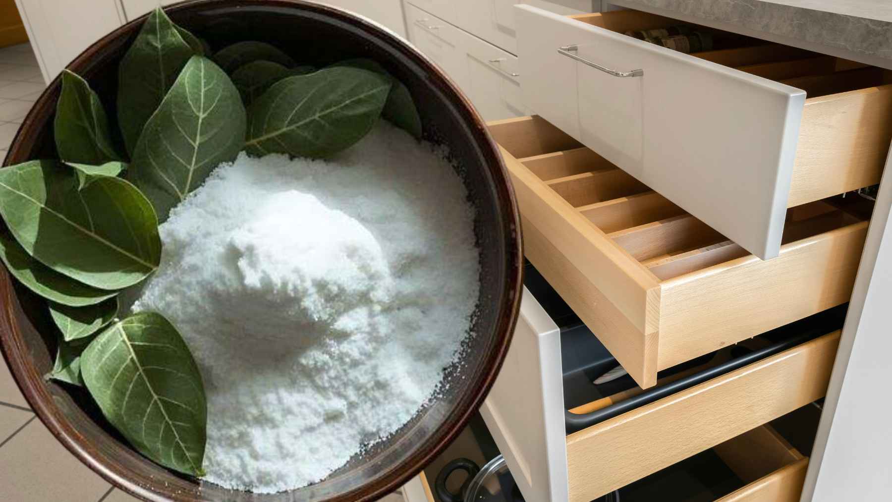 Bowl of bay leaves and baking soda beside open kitchen drawers, showing a natural homemade deodorizer for cabinets and storage spaces.