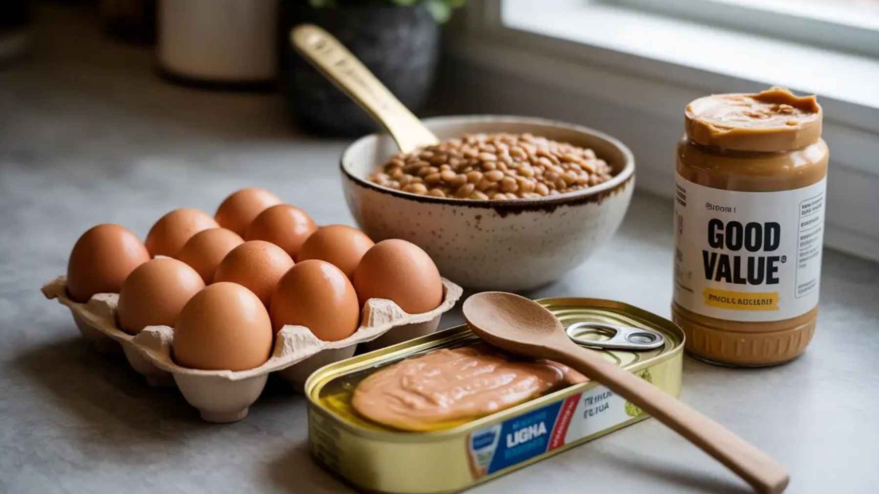 Dietitian-recommended protein staples including eggs, canned fish, and edamame used to build high-protein meals without counting macros.