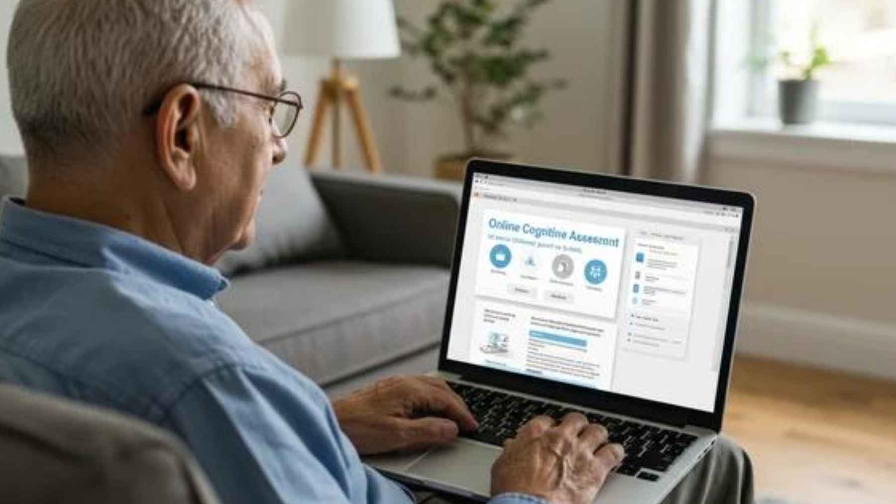 Older adult taking the DigiDiaDem online memory screening test on a computer, a free tool designed to assess cognitive function and speech.