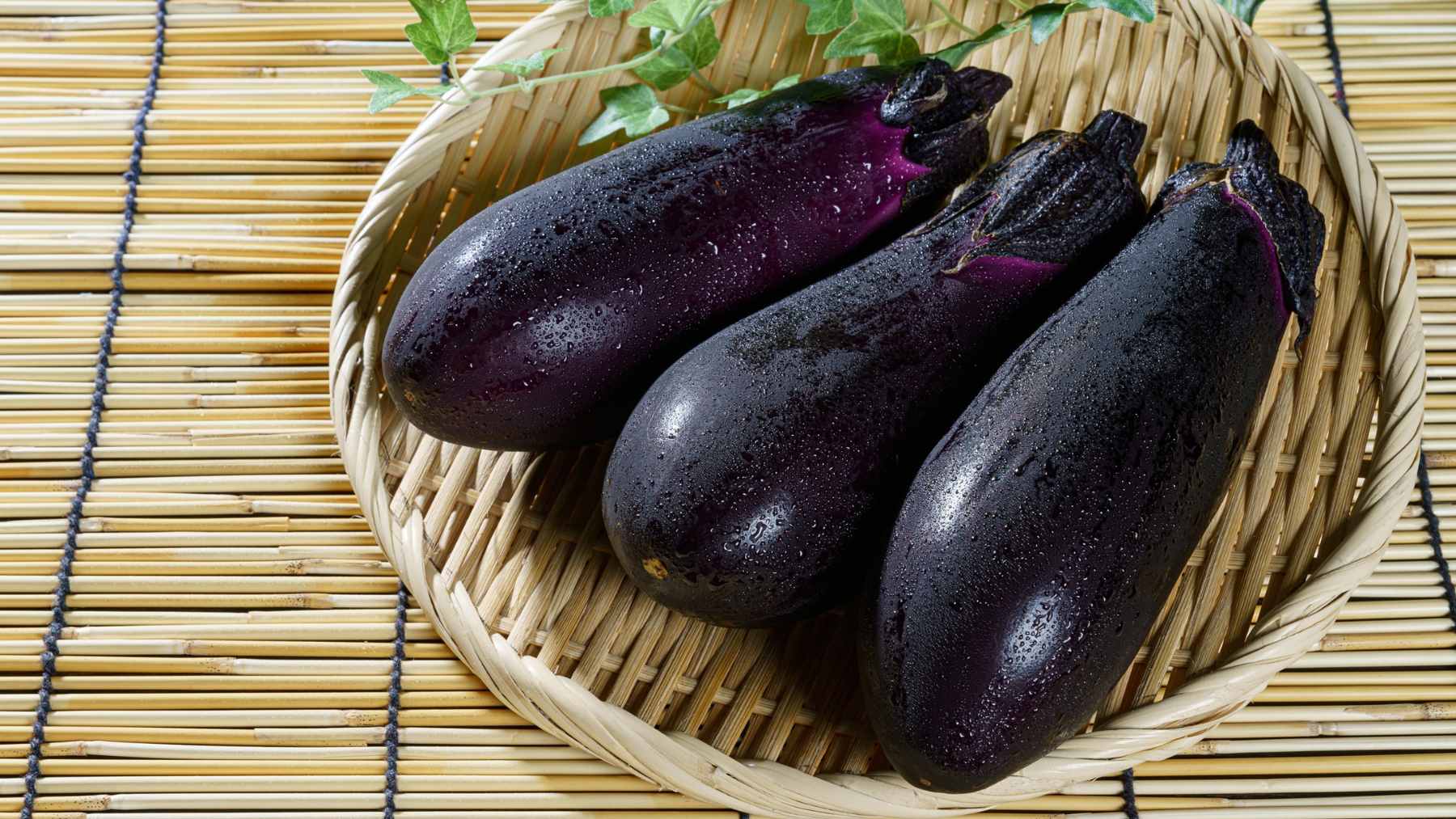 A fresh, ripe eggplant displayed in a kitchen, representing the trace amounts of natural nicotine found in nightshade vegetables.