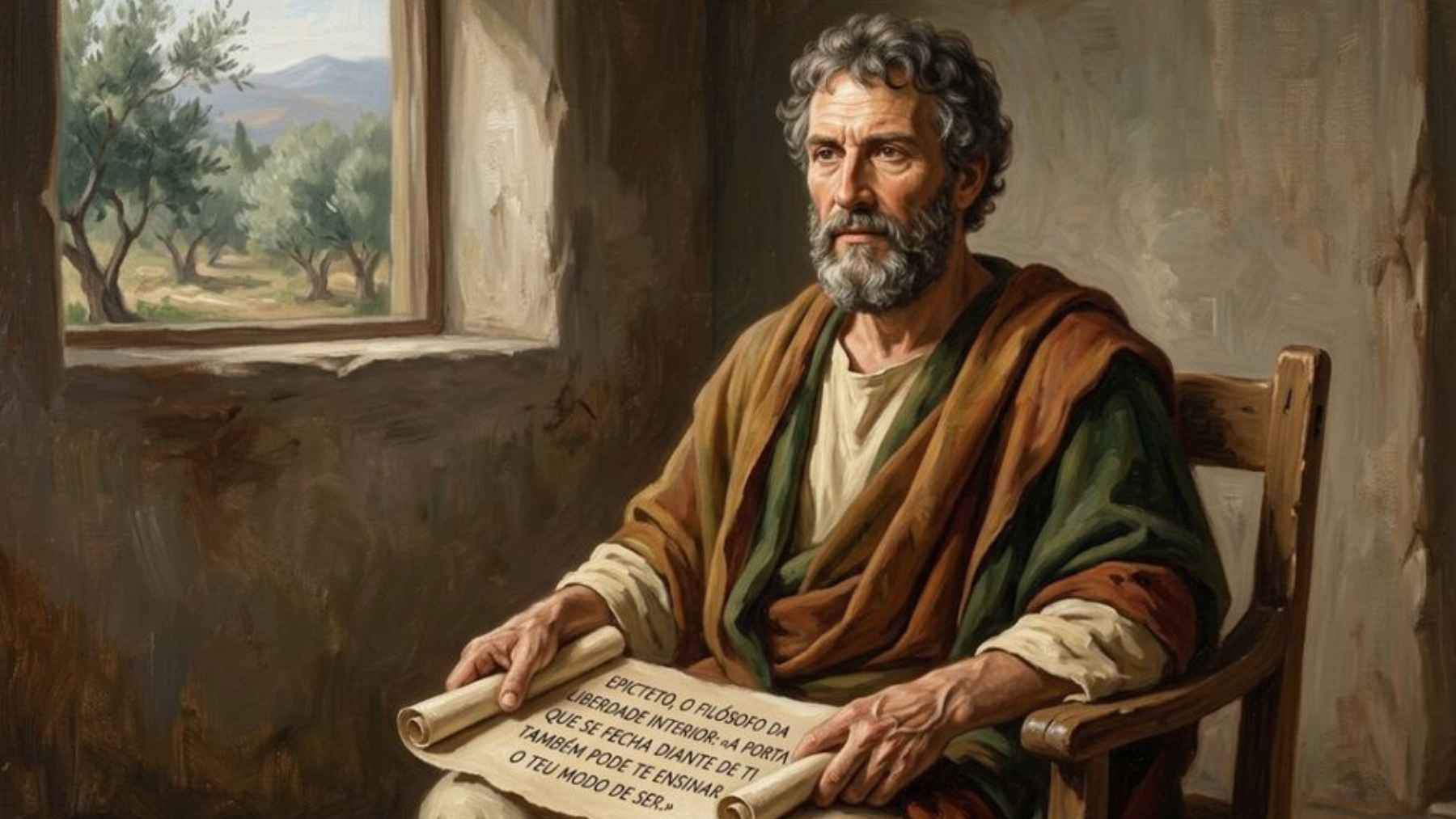 Oil painting depicting the Stoic philosopher Epictetus holding a scroll that symbolizes resilience, rejection, and inner freedom.