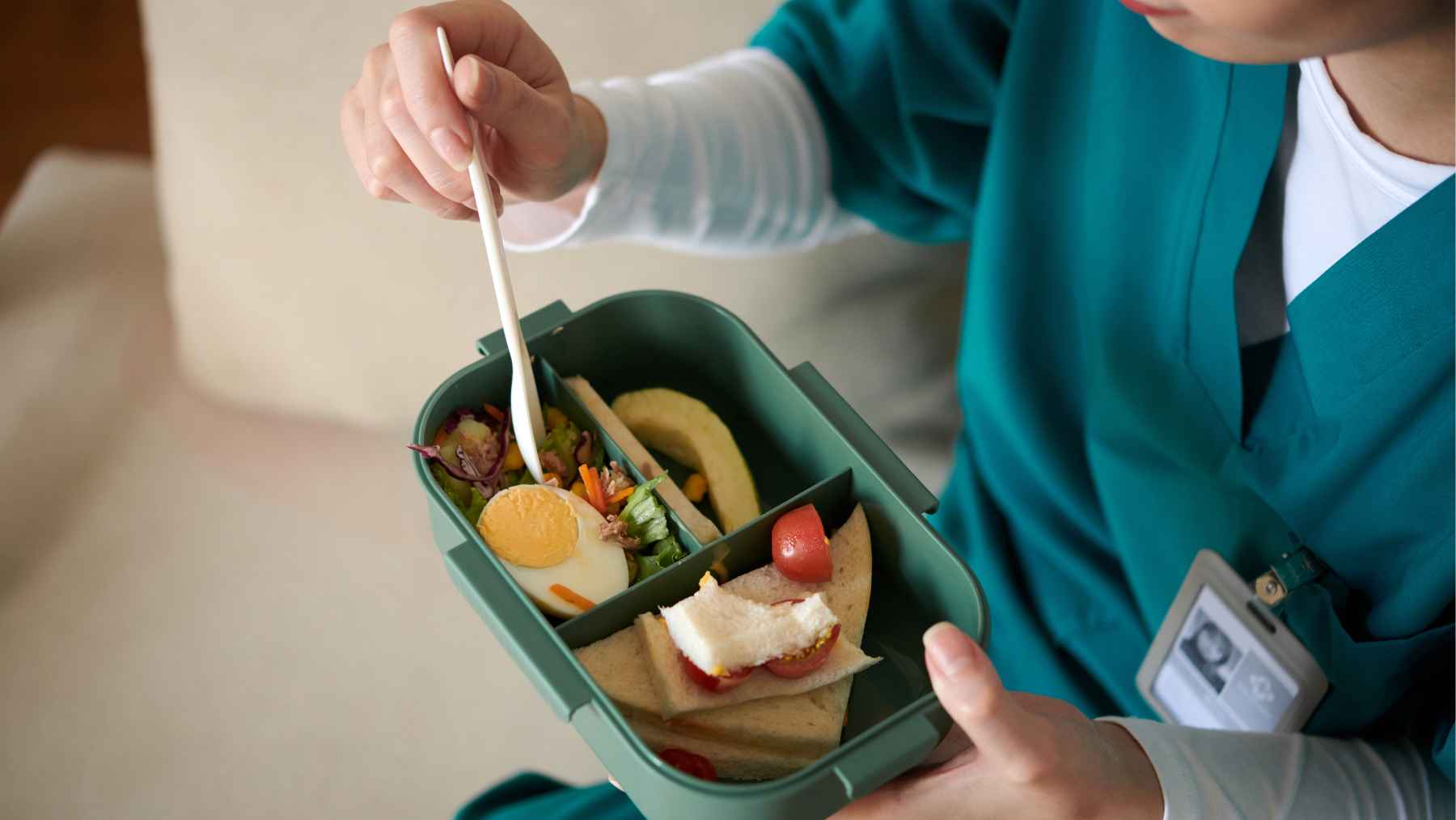 Healthy snacks including fruit, eggs, nuts, yogurt, and whole grains recommended for different professions based on workplace demands.