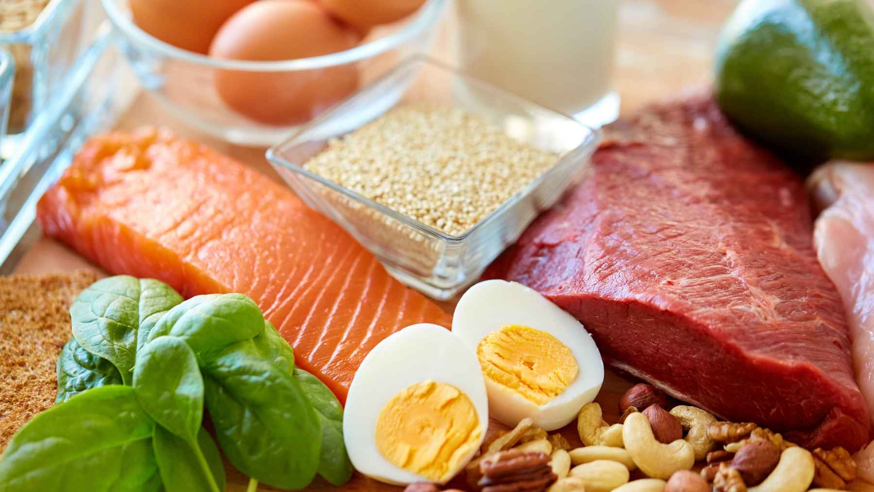 It's not just any protein timing, the "pre-sleep protein hack" promises more muscle, and what the studies actually show may surprise you 1 High-protein foods including salmon, lean beef, eggs, milk, nuts, spinach, and quinoa that support muscle recovery and daily protein intake.