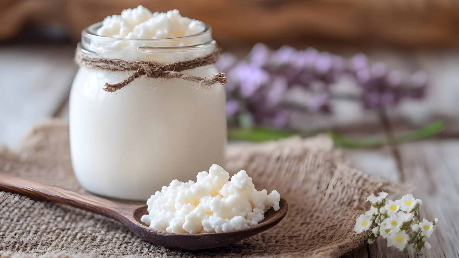 Close-up of a glass of kefir next to a bowl of fresh fruit, representing the study of fermented foods and gut health.