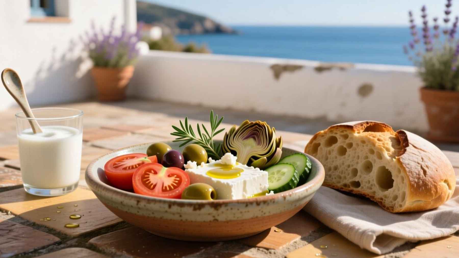 Mediterranean-style breakfast with Greek yogurt, fresh vegetables, olives, whole-grain bread, and olive oil, illustrating a chrononutrition meal designed to support metabolism based on the body's internal clock.