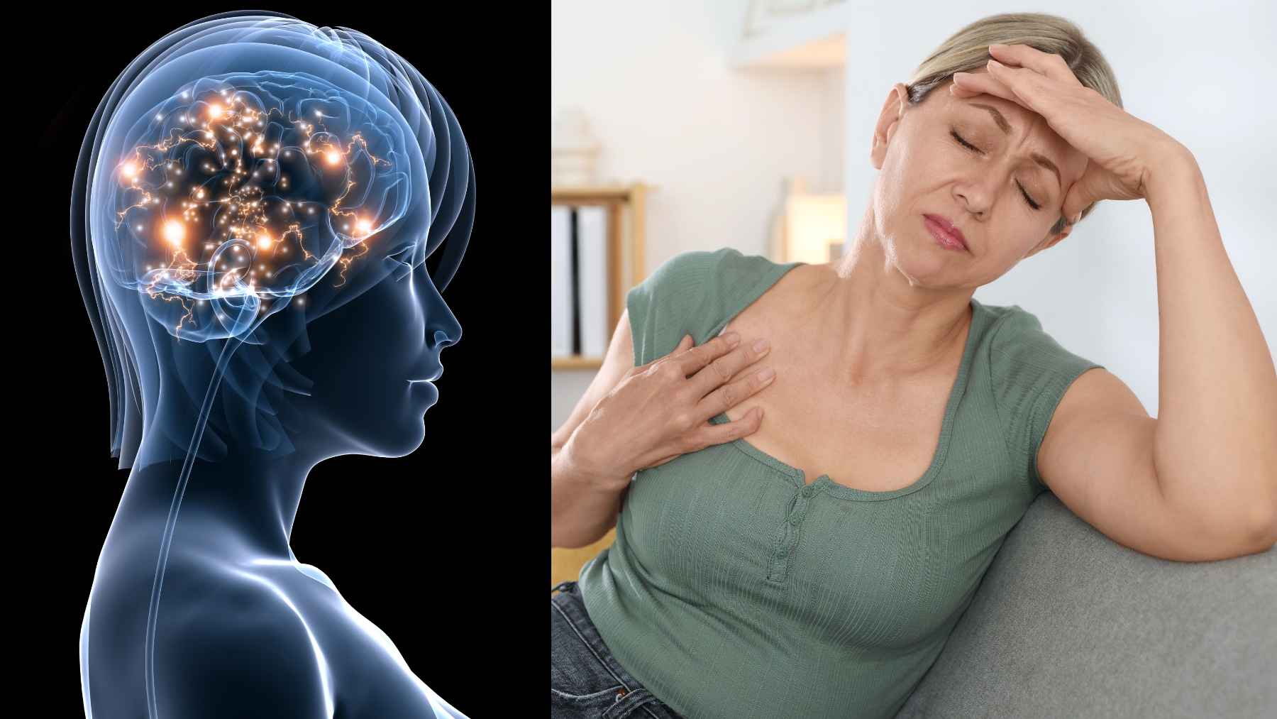 Woman experiencing menopause symptoms, illustrating the hormonal changes that can affect mood, sleep, memory, and emotional well-being during perimenopause.