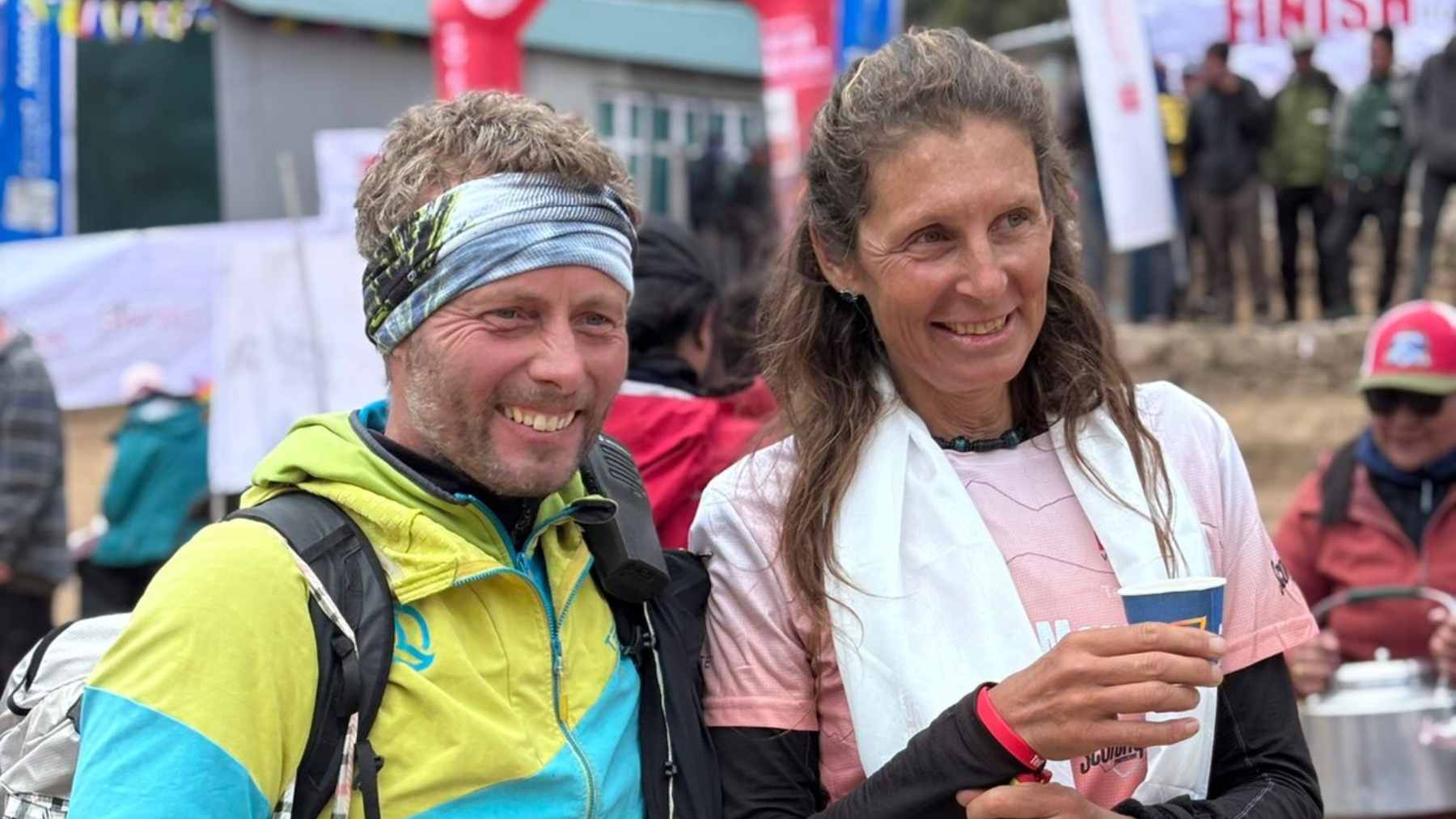Miroslava Jirková crossing the finish line at the Tenzing Hillary Everest Marathon in Namche Bazar.