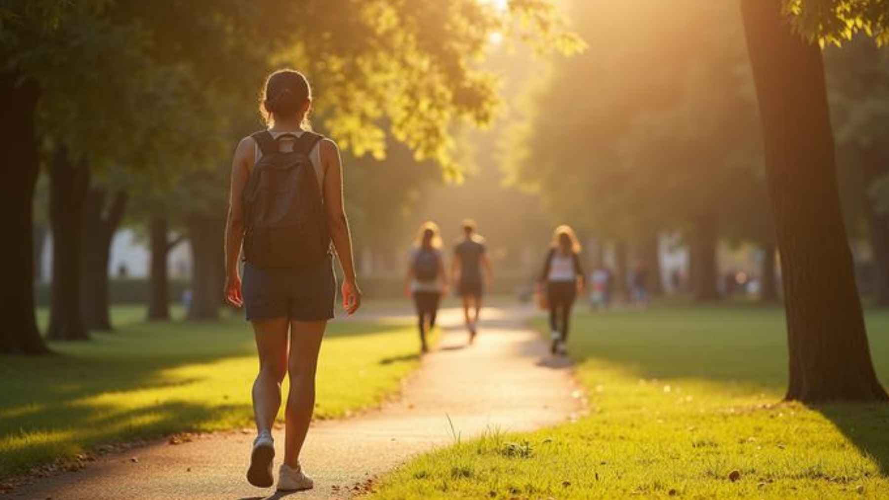 People walking along a park trail during sunrise as part of a healthy daily exercise routine that supports physical and mental well-being.