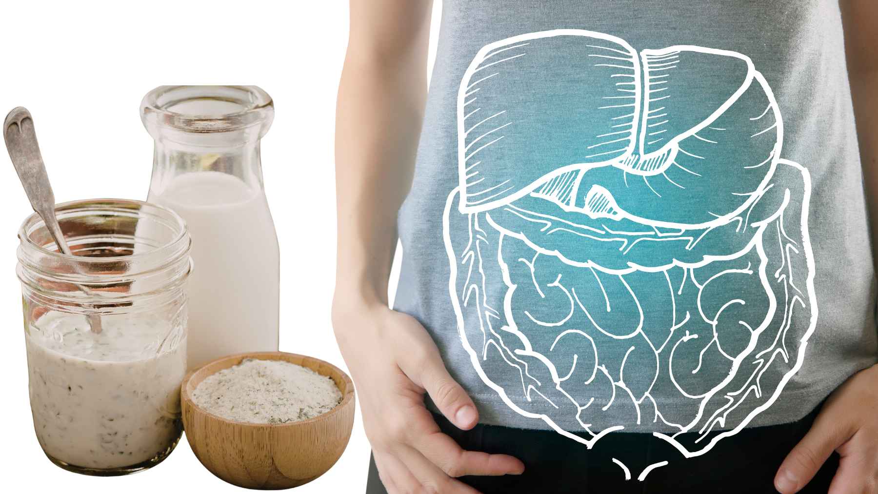 Bottle of probiotic capsules alongside foods that support a healthy gut microbiome, including yogurt and fermented products.