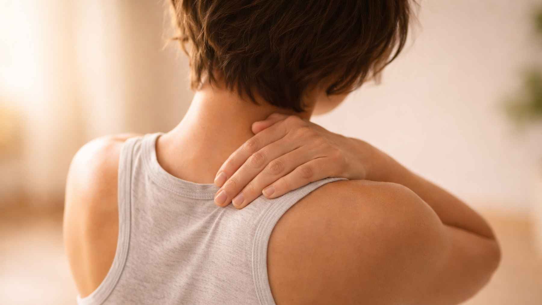 Person holding the back of their neck to illustrate joint pain and muscle discomfort that may be associated with vitamin D deficiency and poor bone health.