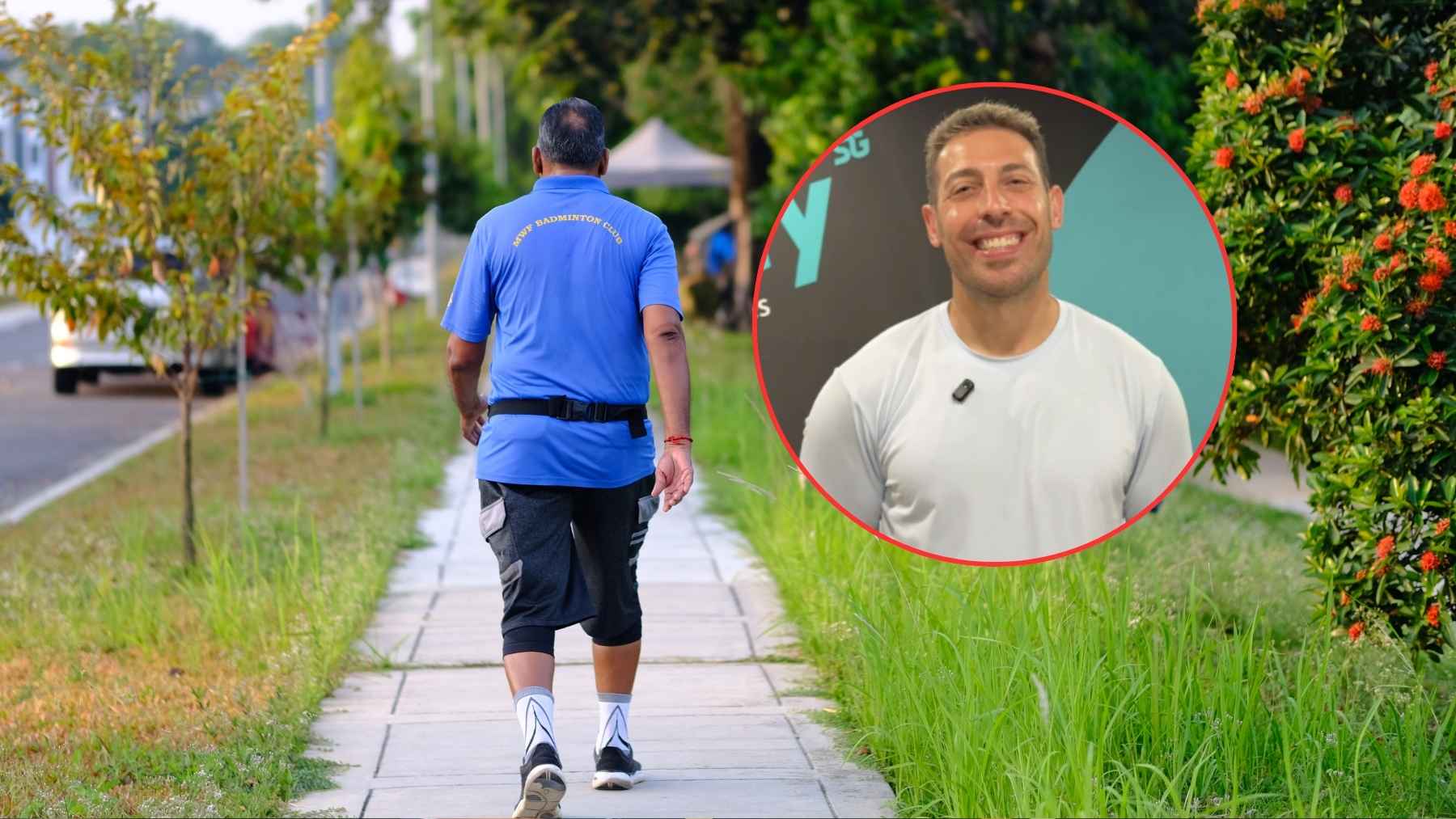 A person walking outdoors in a park while focusing on health and fitness routines.