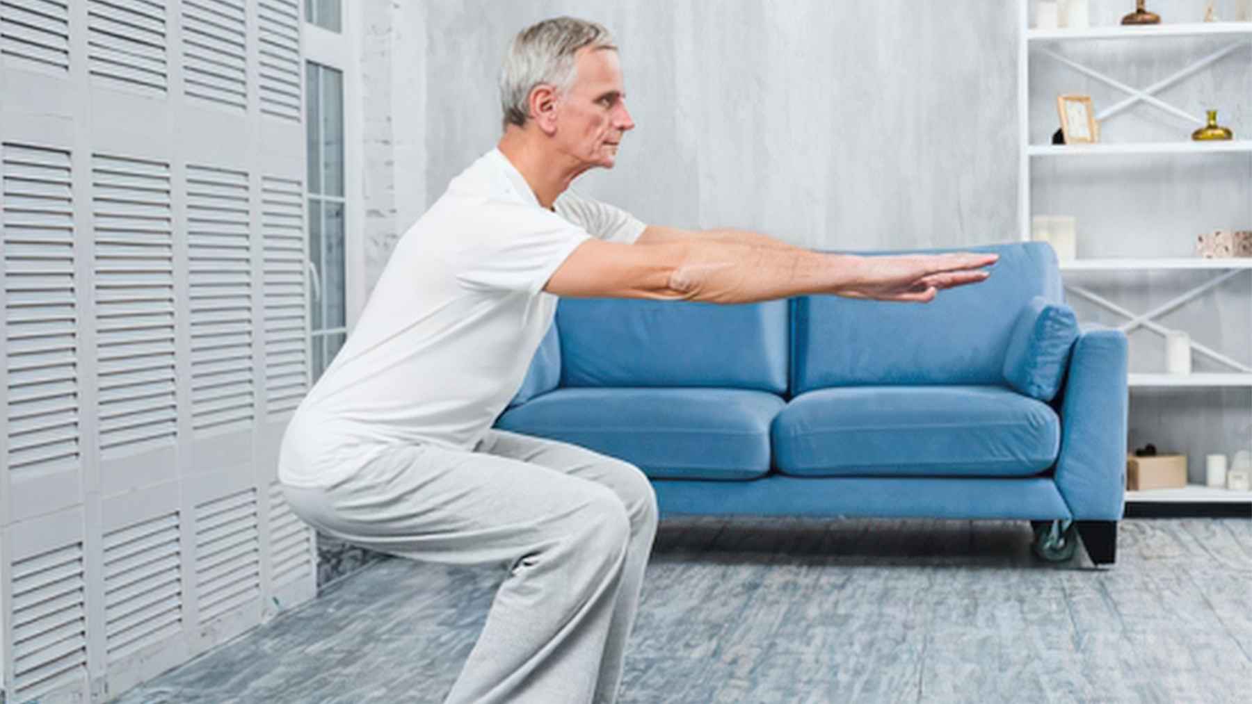 Older man performing a simple strength exercise as part of a routine designed to preserve muscle, balance, mobility and independence after 60