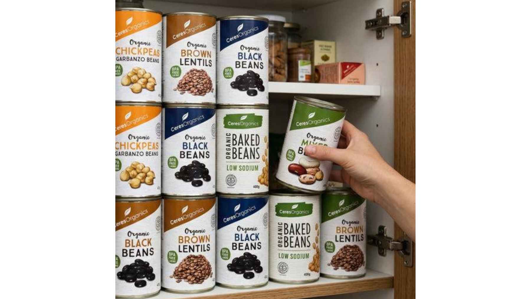 Pantry shelf stocked with canned chickpeas, lentils, and beans, highlighting affordable, nutritious staples for quick, healthy meals.