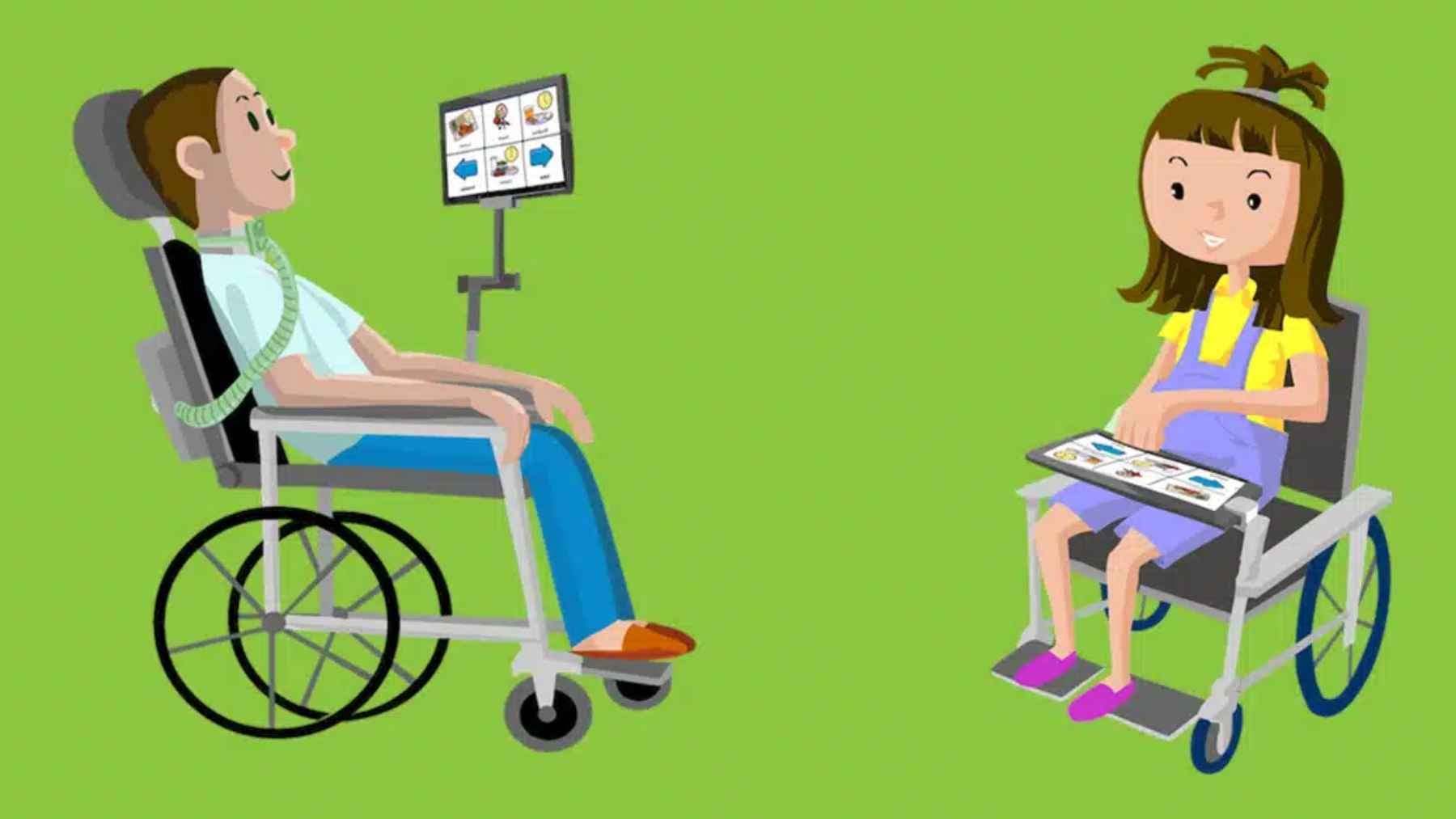 A young woman smiling while using the Livox adaptive communication tablet app to express herself.