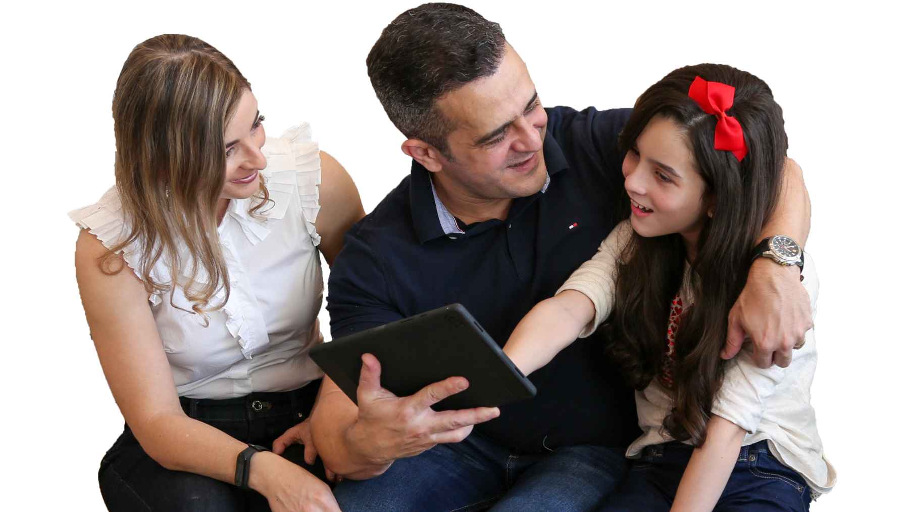 A young woman smiling while using the Livox adaptive communication tablet app to express herself.