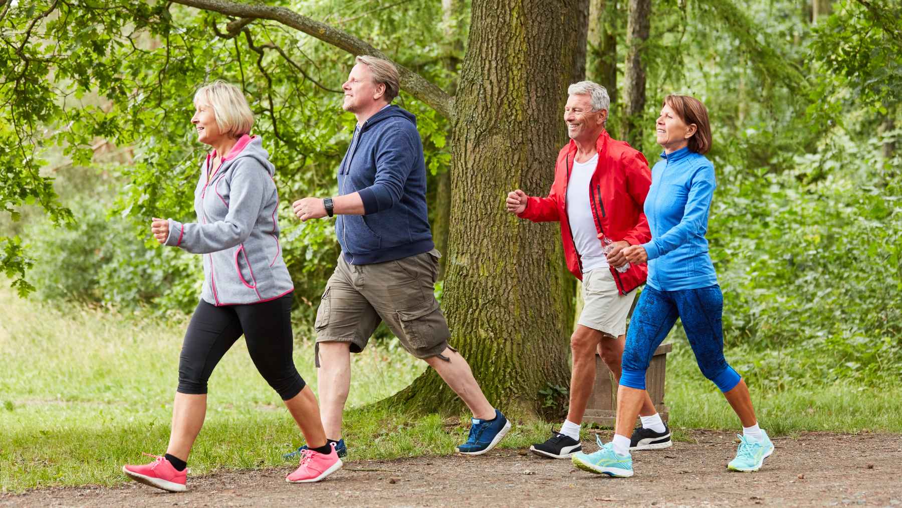 A person walking outdoors on a tree-lined path, illustrating the health benefits of daily walking for the brain, heart, and mobility.