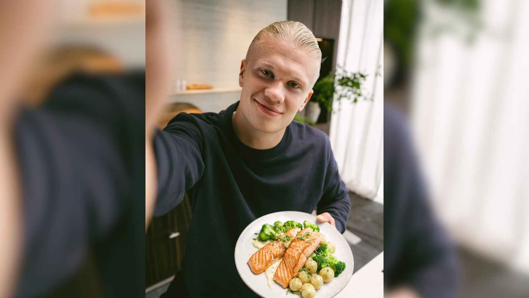 Erling Haaland preparing a simple, nutritious meal in his kitchen at home.