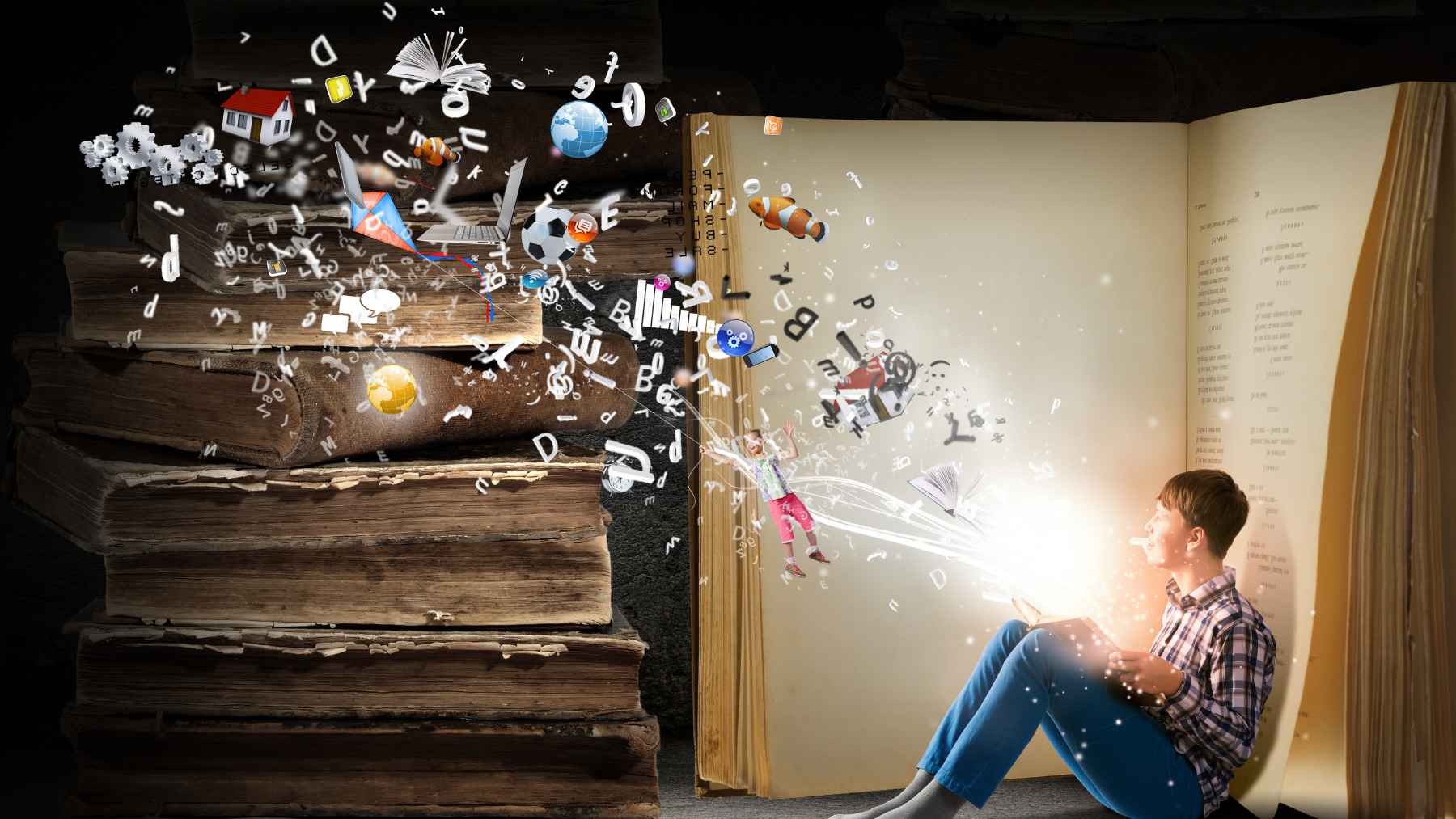 Boy reading a book surrounded by symbols and objects representing imagination, knowledge, and creativity