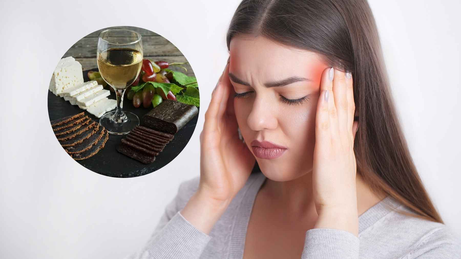 Red wine, dark chocolate, and aged cheese arranged on a table, representing common dietary migraine triggers.