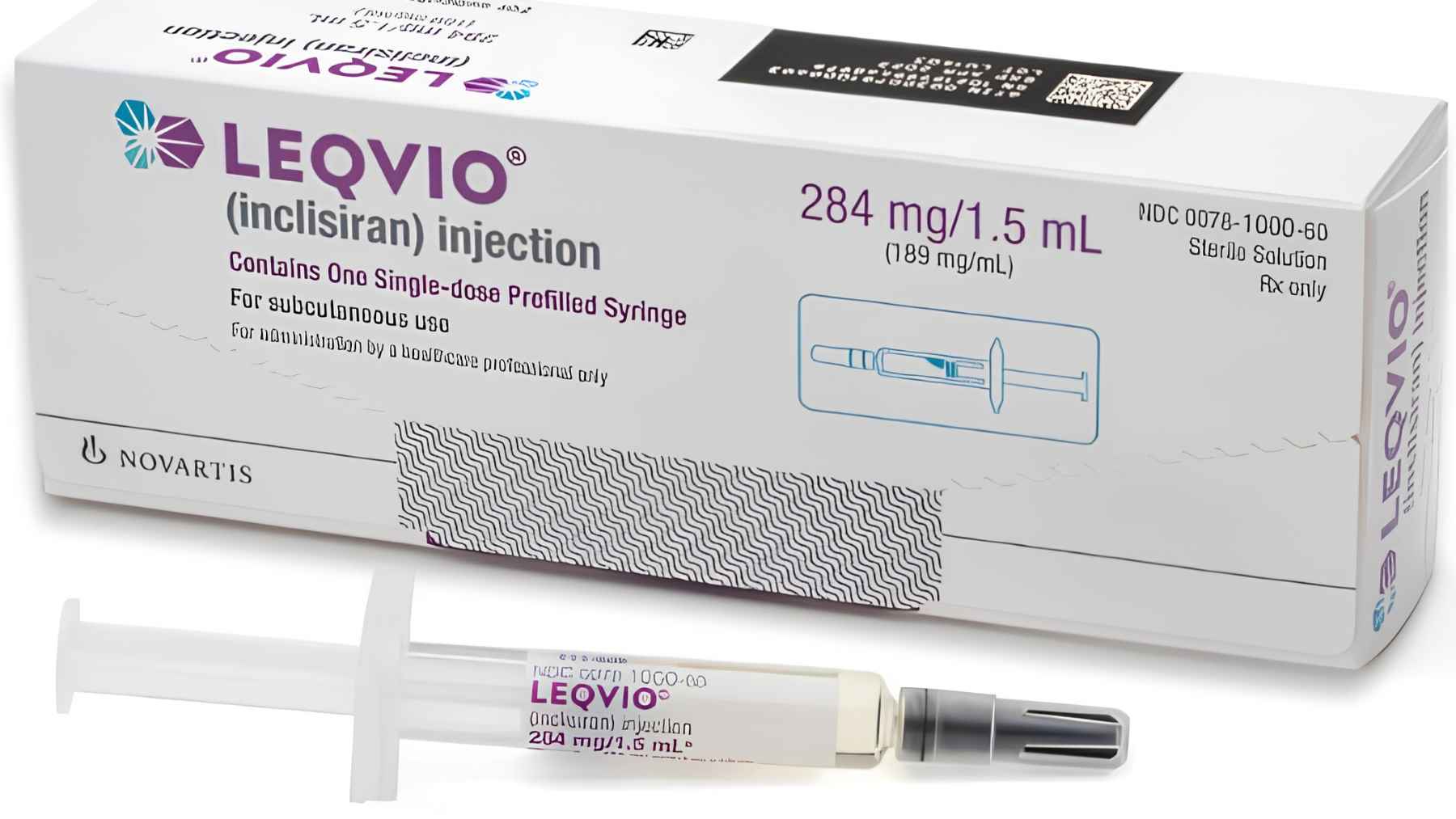 Leqvio (inclisiran) prefilled syringe and packaging, an injectable treatment used to lower LDL cholesterol in high-risk patients.