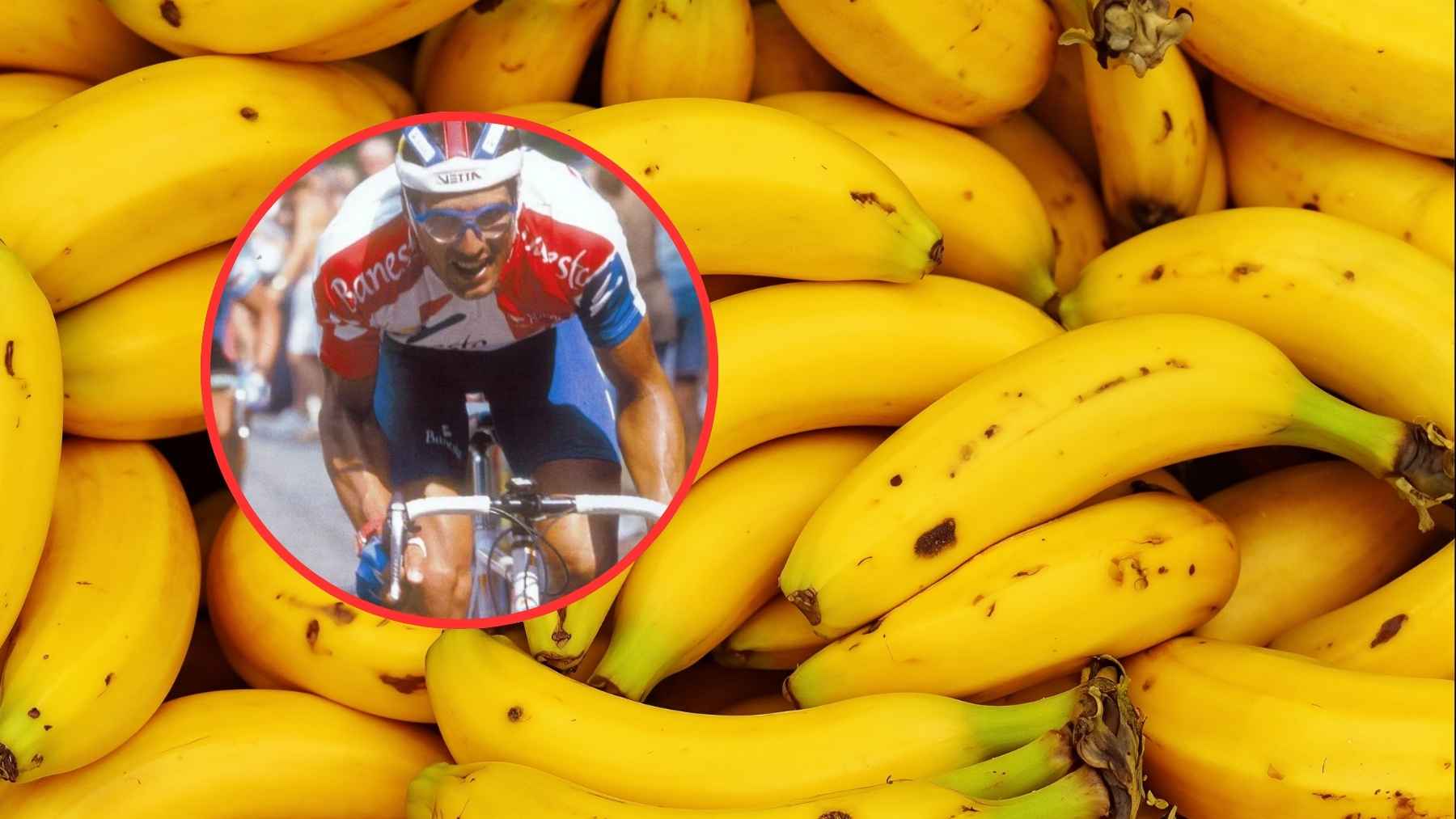 Legendary cyclist Miguel Induráin riding on a road, recalling the simple nutrition and ham sandwiches of the 1990s Tour de France.