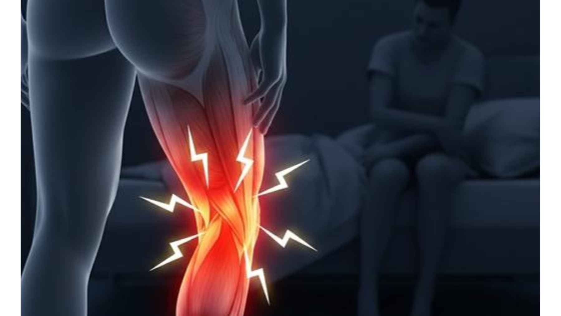 Illustration of a person experiencing a painful nighttime calf cramp, with the lower leg muscles highlighted and surrounded by pain signals