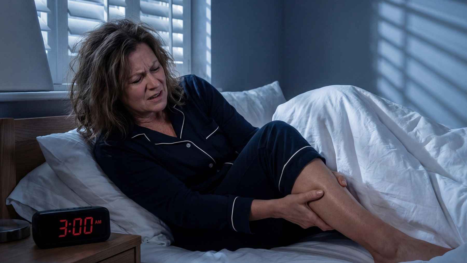 Healthcare professional examining a patient's lower leg and calf to assess possible causes of recurring nighttime leg cramps and circulation problems