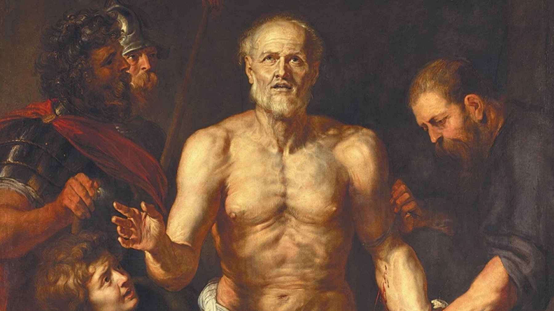 Classical painting depicting Seneca surrounded by Roman figures in a scene of his final moments