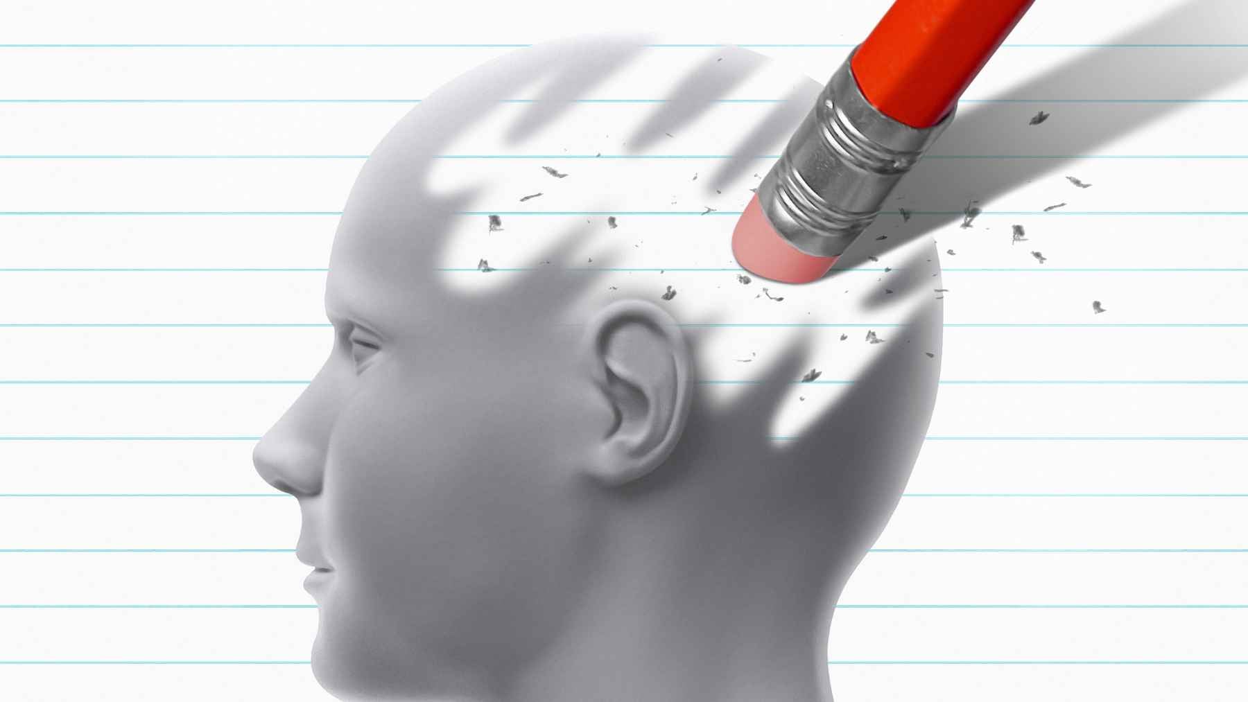 Illustration of a human head with a pencil eraser, representing memory, sleep and Alzheimer’s-related brain changes