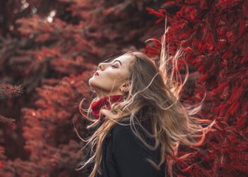 mujer, otoño, rojo, retrato
