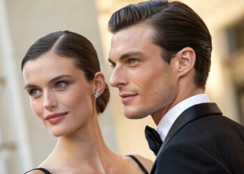 Pareja, cabello hacia atrás, peinado