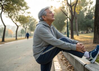 Señor, hombre, ejercicio, parque, estiramiento