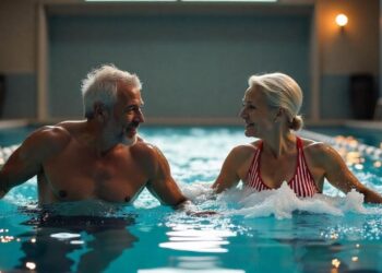 Ejercicio acuático, entrenamiento, deporte, personas mayores