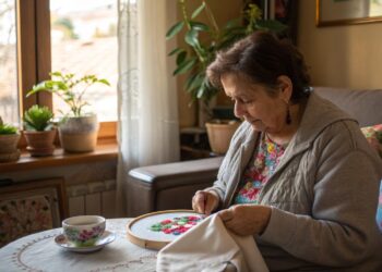 Mujer, hobby, punto de cruz, pasatiempo