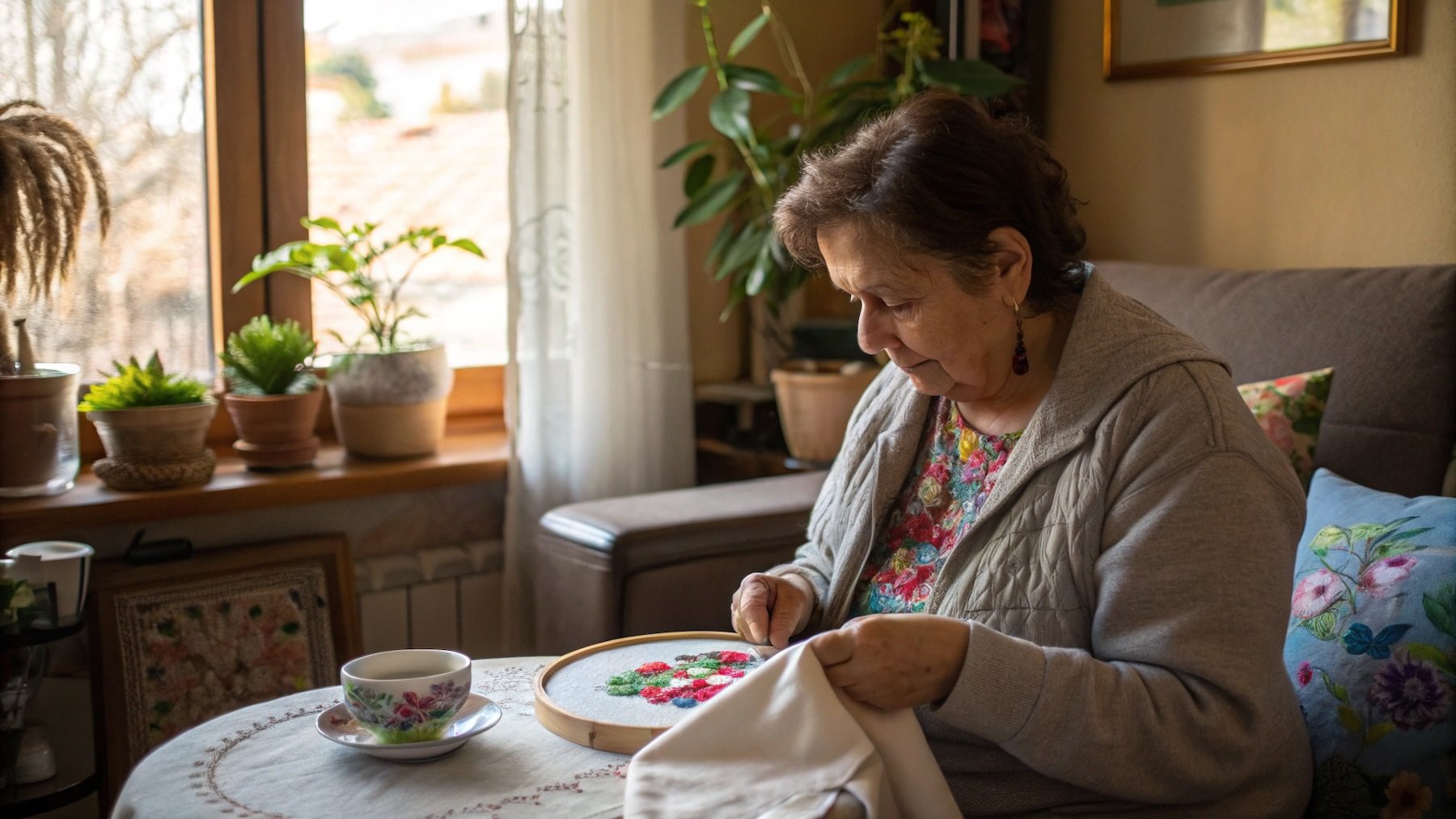 Mujer, hobby, punto de cruz, pasatiempo